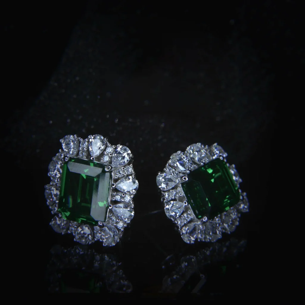 emerald-diamond-silver-earrings