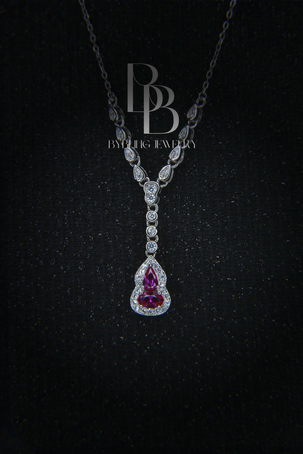 Hulu Pink Ruby & Dazzling Diamond Teardrop Pendant Necklace - Image 3