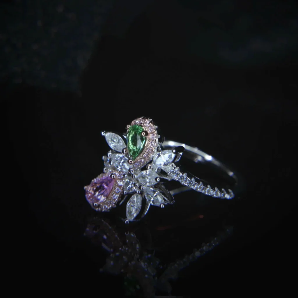 Pink and Green Gemstone Floral Ring with Zirconia and Diamond Accents - Image 3