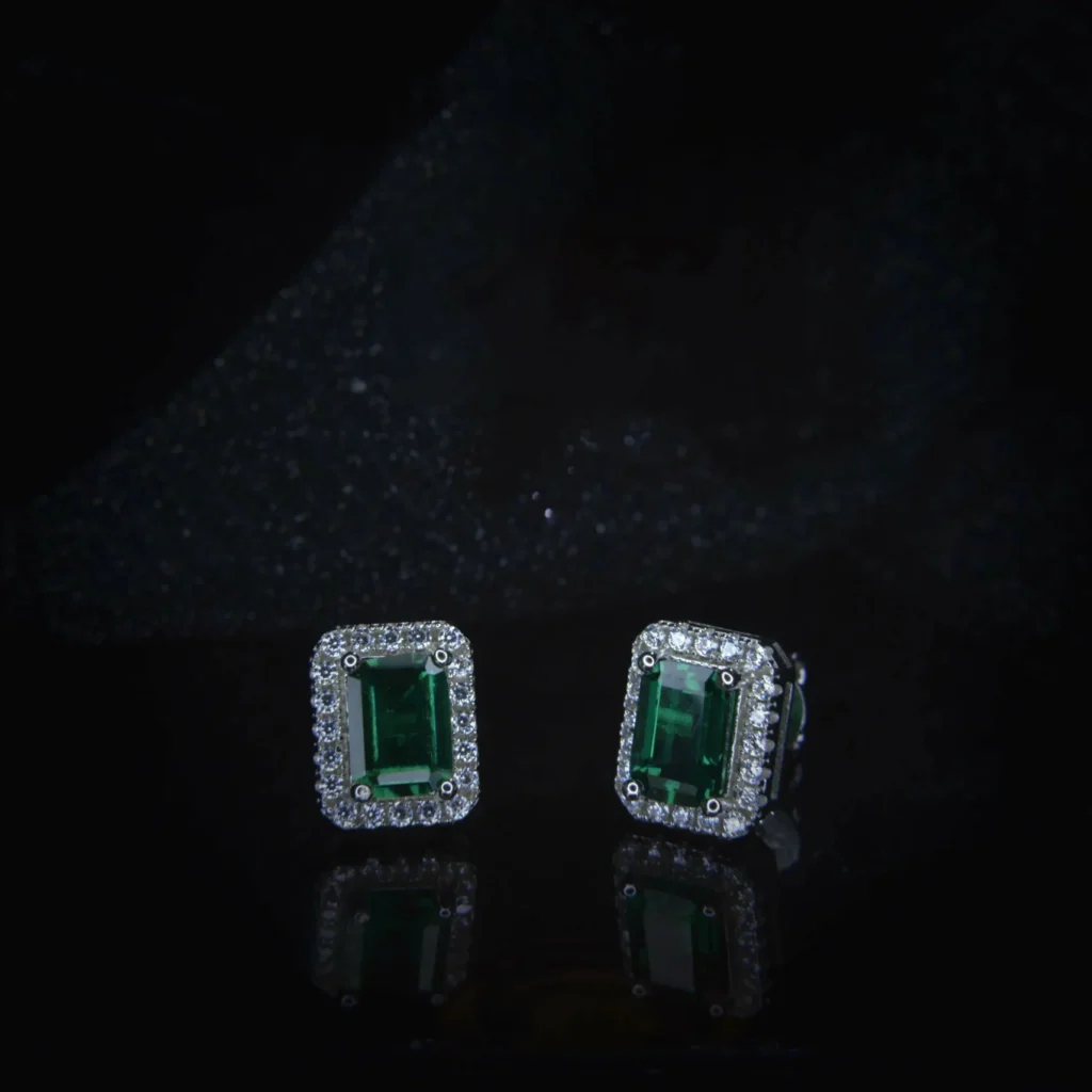 emerald-diamond-silver-stud-earrings
