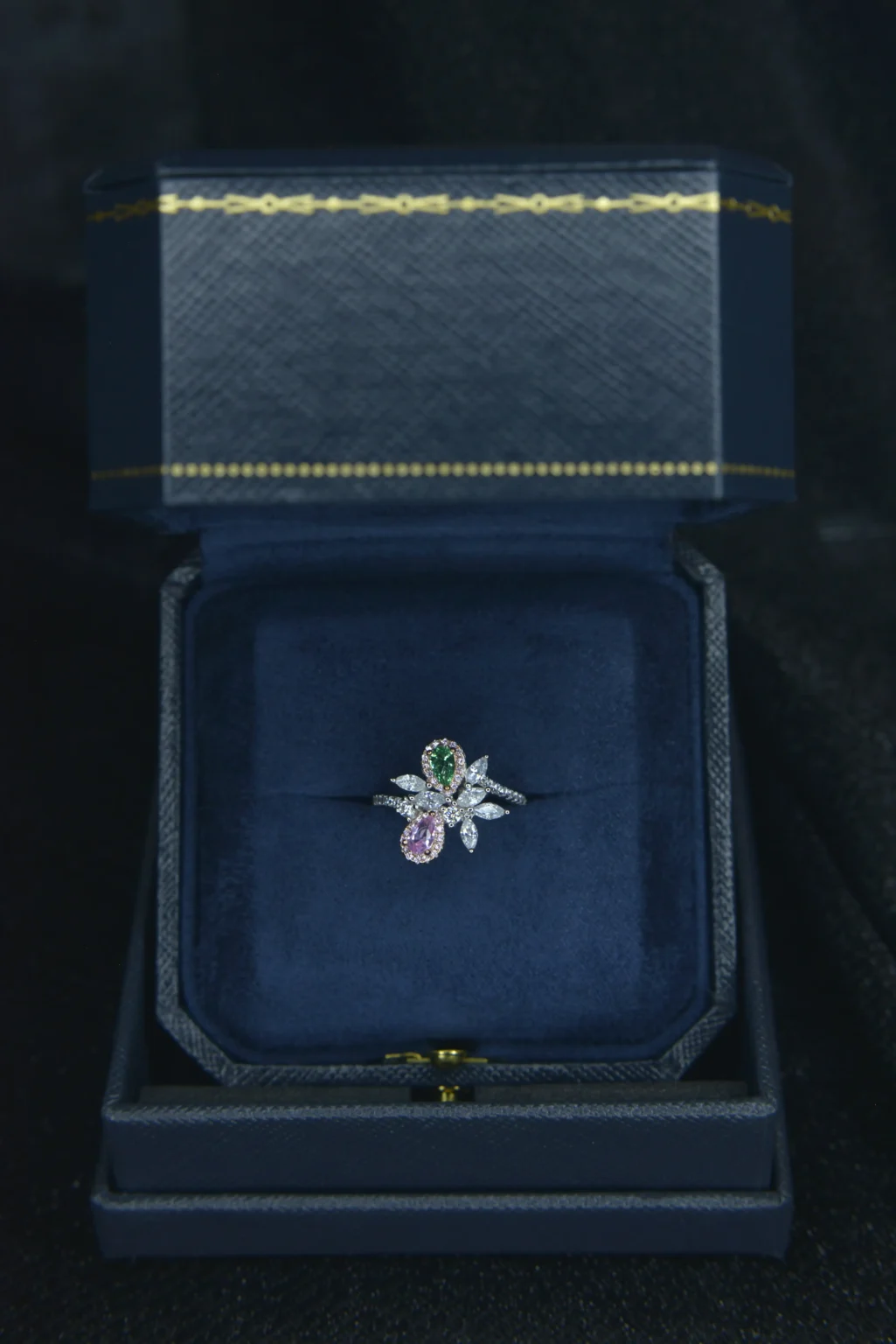 Pink and Green Gemstone Floral Ring with Zirconia and Diamond Accents - Image 7