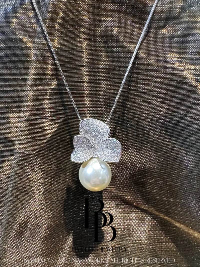 Lab-Made akoya Pearl & Sparkling Clear Gemstone Floral Pendant Necklace in S925 Sterling Silver