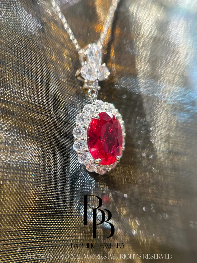 Captivating Lab-Made Ruby Red Gemstone S925 Silver Halo Pendant Necklace - Timeless Glamour