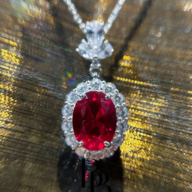 Captivating Lab-Made Ruby Red Gemstone S925 Silver Halo Pendant Necklace - Timeless Glamour