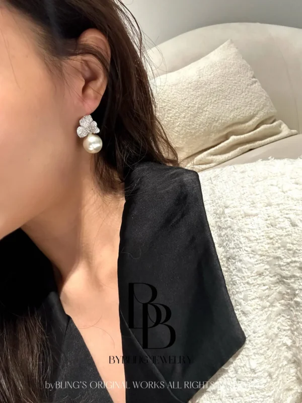 Pearl & Dazzling Diamond Butterfly S925 Silver Drop Earrings - Image 2