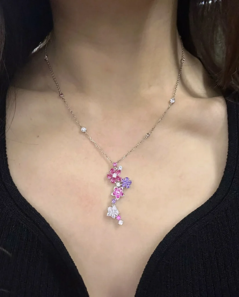 The Flowers Pink and Purple Multi Color Stones and Diamonds Pendant - Image 2
