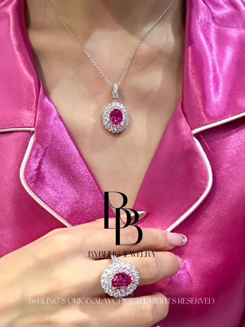 Ruby Cubic Zirconia Oval Halo Pendant