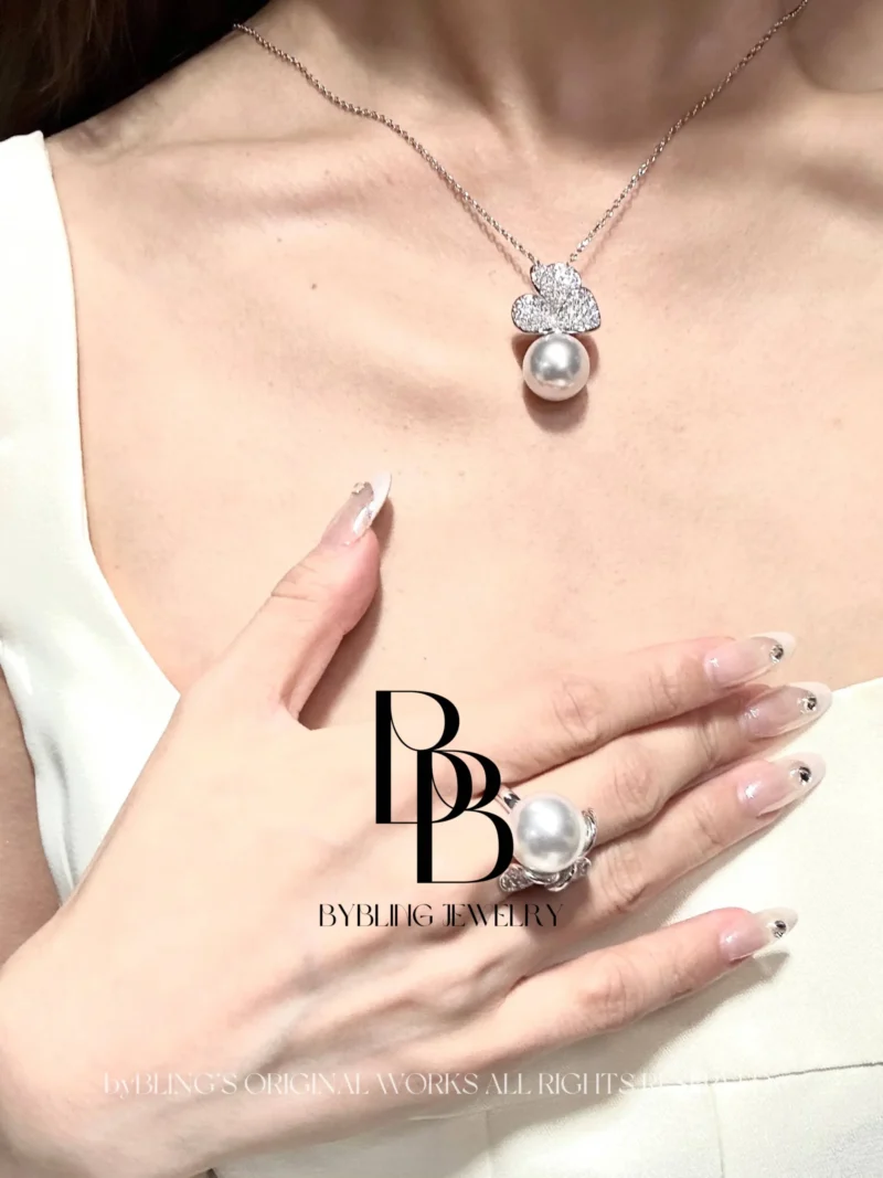 Lab-Made akoya Pearl & Sparkling Clear Gemstone Floral Pendant Necklace in S925 Sterling Silver