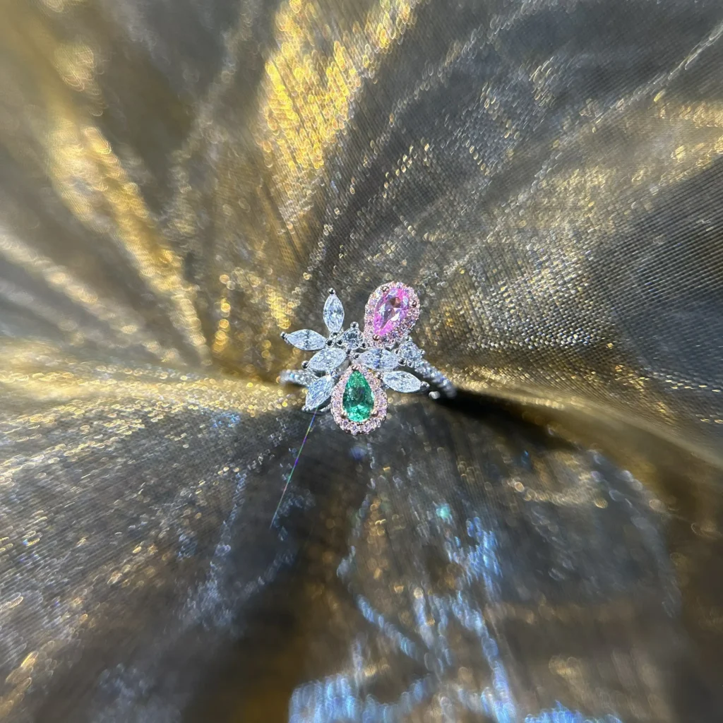 Pink and Green Gemstone Floral Ring with Zirconia and Diamond Accents - Image 5