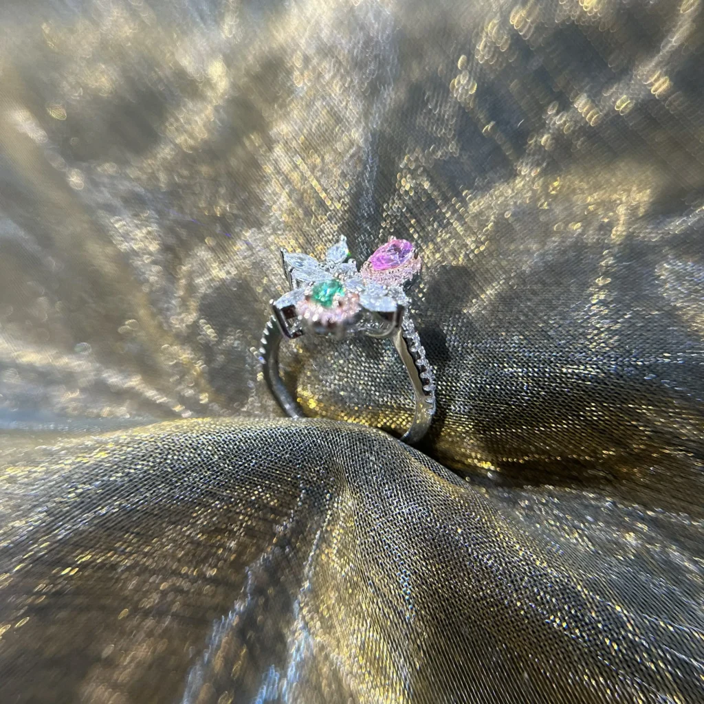 Pink and Green Gemstone Floral Ring with Zirconia and Diamond Accents - Image 6