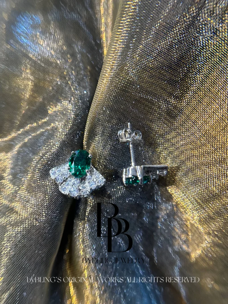 Fan-Shaped Emerald Diamond S925 Silver Stud Earrings