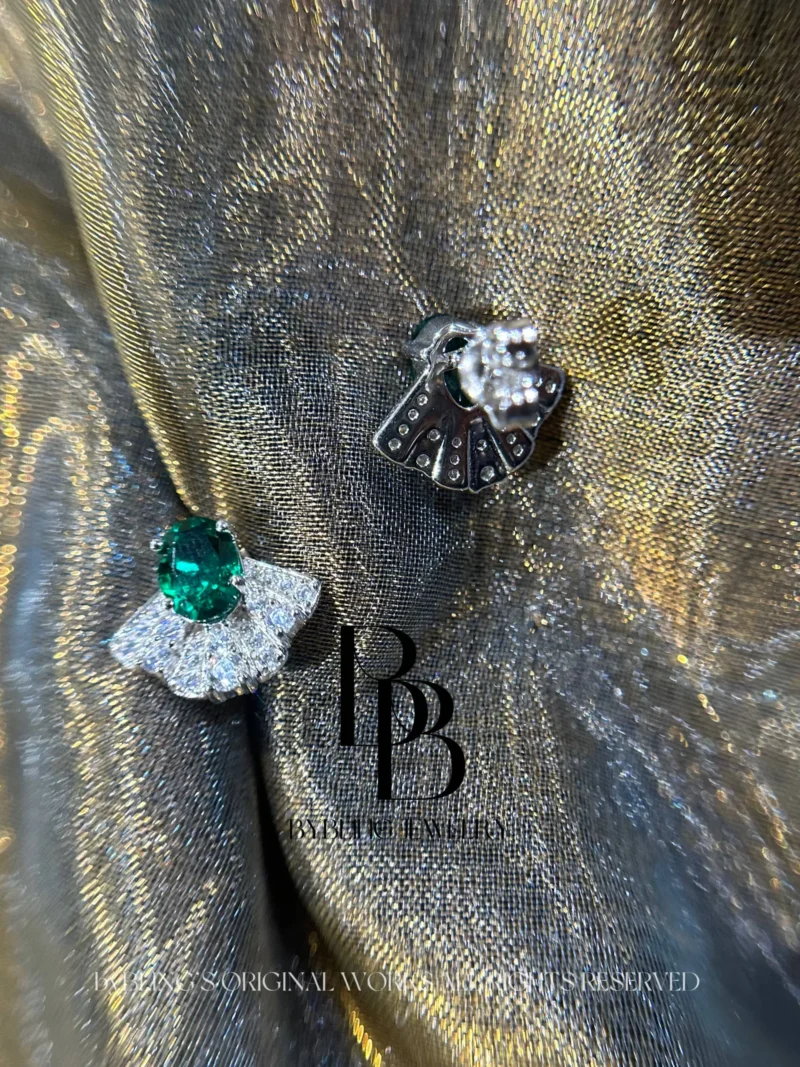 Fan-Shaped Emerald Diamond S925 Silver Stud Earrings