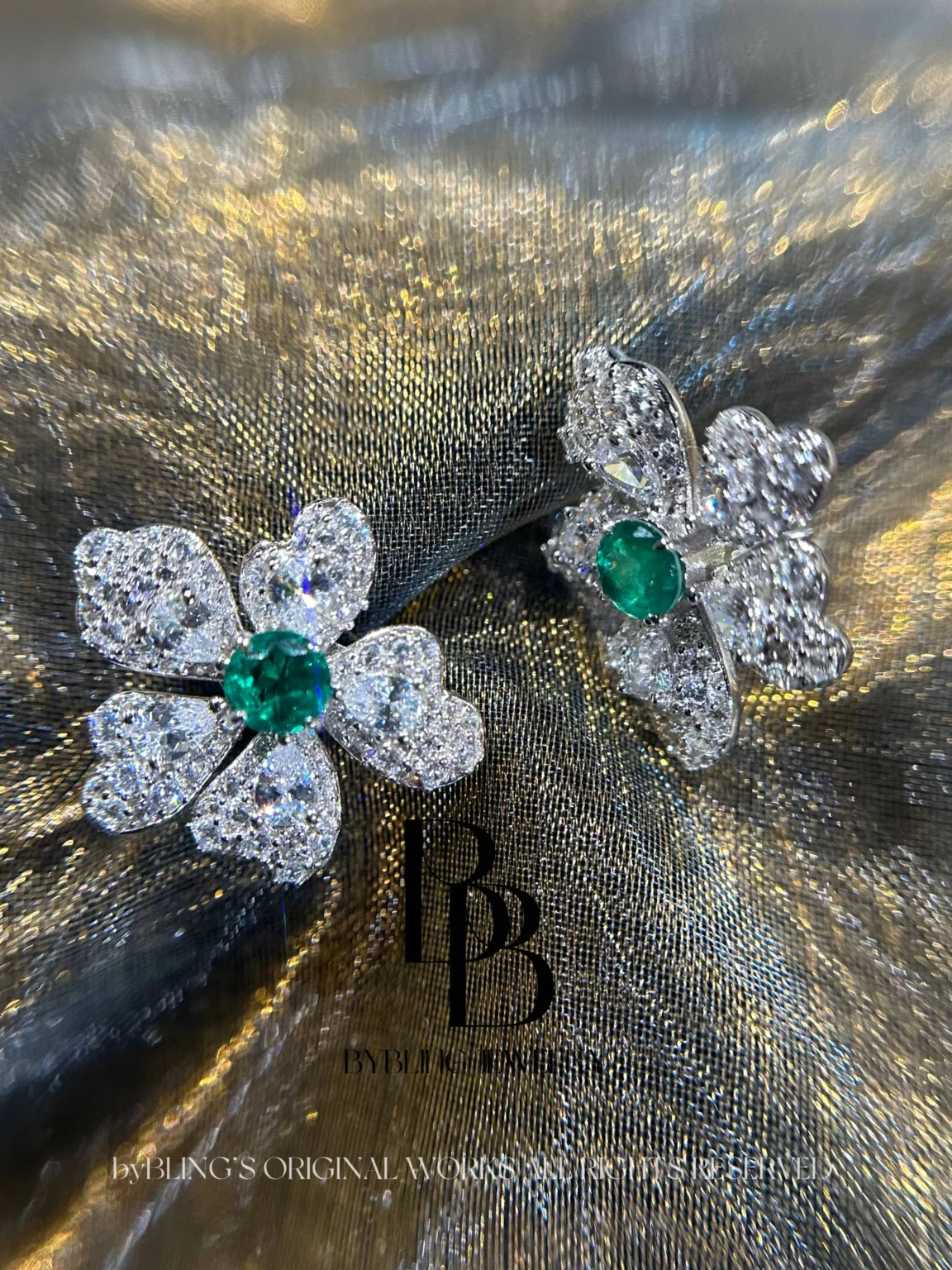 Big Flower Emerald & Dazzling Diamond S925 Silver Drop Earrings
